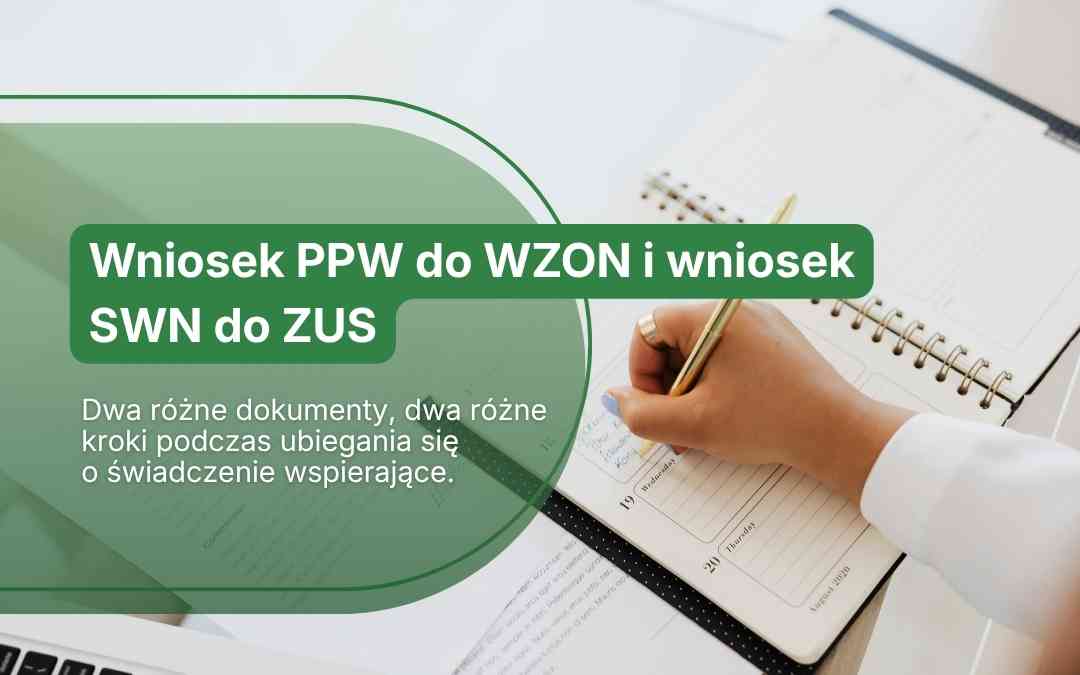Kobieta wypełnia długopisem kalendarz – baner z napisem: Wniosek PPW do WZON i wniosek SWN do ZUS.